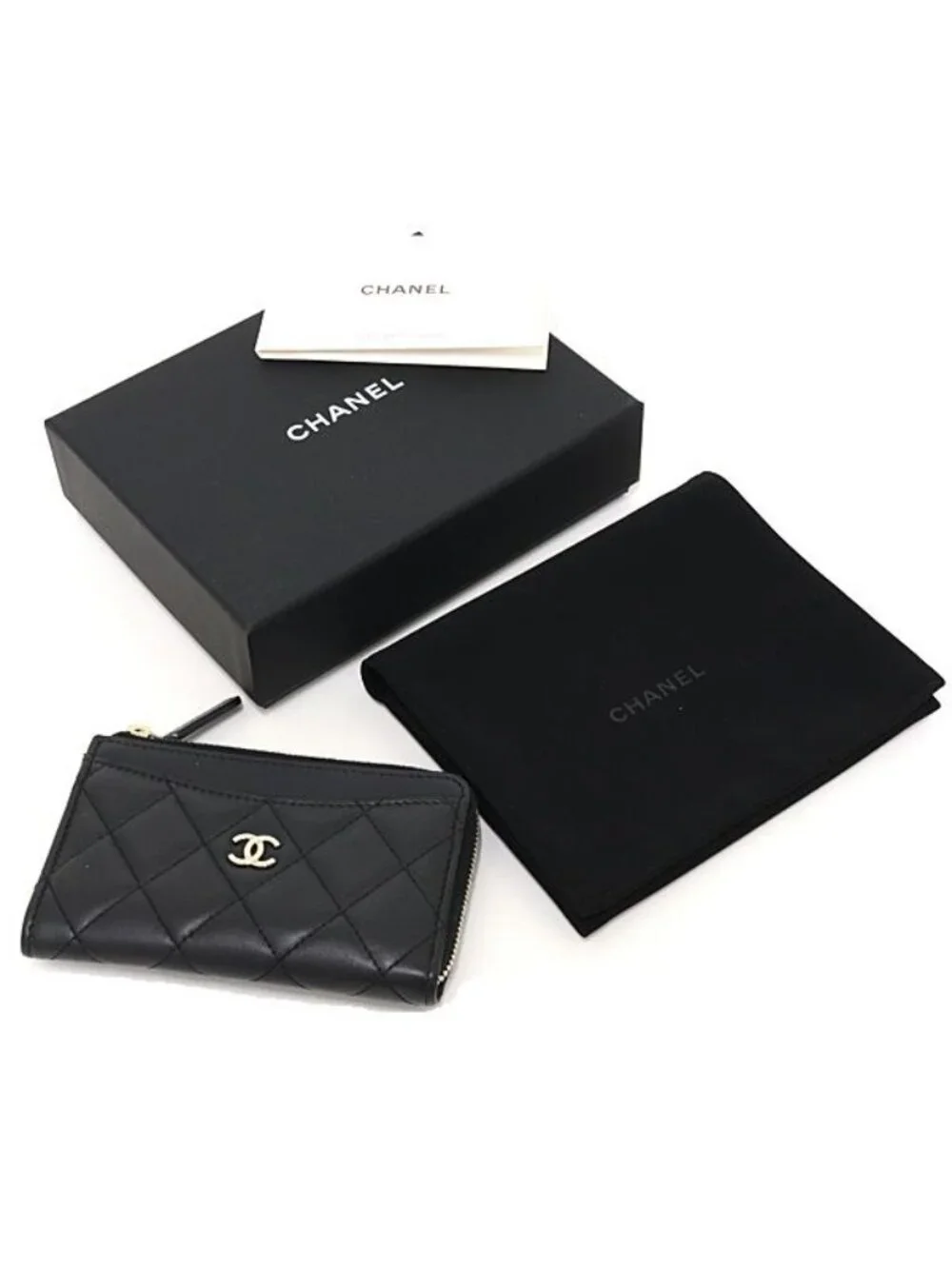 Chanel Zip Card Case Fragment Coin Purse Quilted Lambskin Black